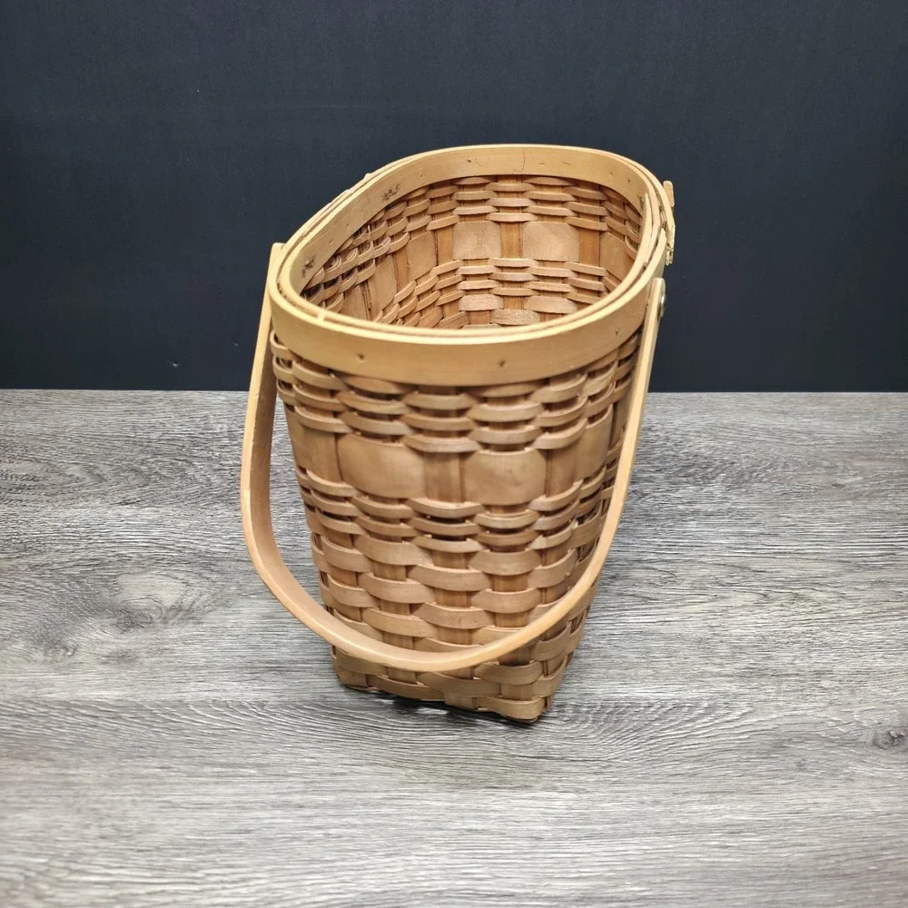 Vintage Double Handled Light Brown Wooden Basket 13x6x9 Rustic Home Decor